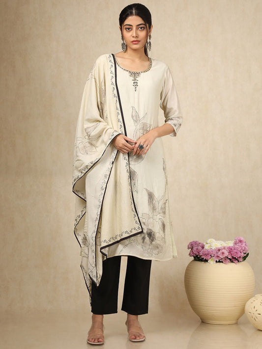 Dhiyona SO Women's Women Floral Embroidered Regular Mirror Work Kurta with Trousers & With Dupatta