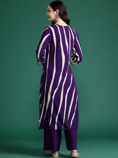 Printed Round Neck Straight Beads And Stones Kurta With Palazzos